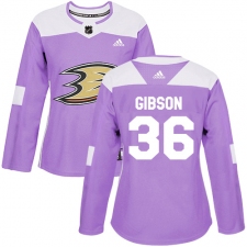 Women's Adidas Anaheim Ducks #36 John Gibson Authentic Purple Fights Cancer Practice NHL Jersey