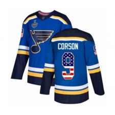 Men's St. Louis Blues #9 Shayne Corson Authentic Blue USA Flag Fashion 2019 Stanley Cup Final Bound Hockey Jersey