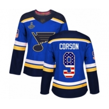 Women's St. Louis Blues #9 Shayne Corson Authentic Blue USA Flag Fashion 2019 Stanley Cup Champions Hockey Jersey
