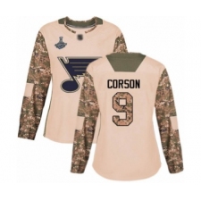 Women's St. Louis Blues #9 Shayne Corson Authentic Camo Veterans Day Practice 2019 Stanley Cup Champions Hockey Jersey