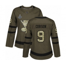 Women's St. Louis Blues #9 Shayne Corson Authentic Green Salute to Service 2019 Stanley Cup Champions Hockey Jersey