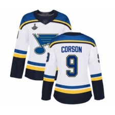Women's St. Louis Blues #9 Shayne Corson Authentic White Away 2019 Stanley Cup Champions Hockey Jersey