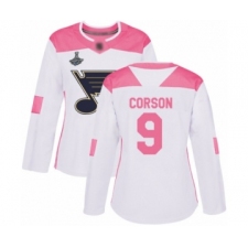Women's St. Louis Blues #9 Shayne Corson Authentic White Pink Fashion 2019 Stanley Cup Champions Hockey Jersey
