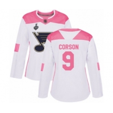 Women's St. Louis Blues #9 Shayne Corson Authentic White Pink Fashion 2019 Stanley Cup Final Bound Hockey Jersey