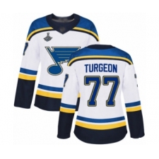 Women's St. Louis Blues #77 Pierre Turgeon Authentic White Away 2019 Stanley Cup Champions Hockey Jersey