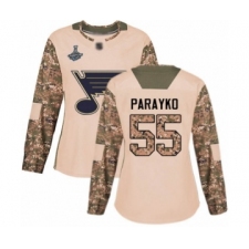 Women's St. Louis Blues #55 Colton Parayko Authentic Camo Veterans Day Practice 2019 Stanley Cup Champions Hockey Jersey
