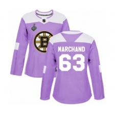 Women's Boston Bruins #63 Brad Marchand Authentic Purple Fights Cancer Practice 2019 Stanley Cup Final Bound Hockey Jersey