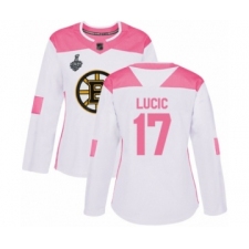 Women's Boston Bruins #17 Milan Lucic Authentic White Pink Fashion 2019 Stanley Cup Final Bound Hockey Jersey