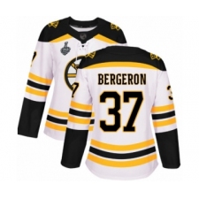 Women's Boston Bruins #37 Patrice Bergeron Authentic White Away 2019 Stanley Cup Final Bound Hockey Jersey