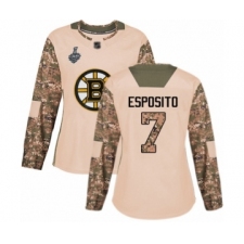 Women's Boston Bruins #7 Phil Esposito Authentic Camo Veterans Day Practice 2019 Stanley Cup Final Bound Hockey Jersey