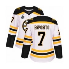 Women's Boston Bruins #7 Phil Esposito Authentic White Away 2019 Stanley Cup Final Bound Hockey Jersey