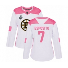 Women's Boston Bruins #7 Phil Esposito Authentic White Pink Fashion 2019 Stanley Cup Final Bound Hockey Jersey