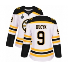 Women's Boston Bruins #9 Johnny Bucyk Authentic White Away 2019 Stanley Cup Final Bound Hockey Jersey