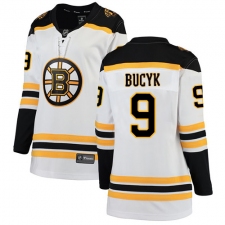 Women's Boston Bruins #9 Johnny Bucyk Authentic White Away Fanatics Branded Breakaway NHL Jersey
