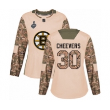 Women's Boston Bruins #30 Gerry Cheevers Authentic Camo Veterans Day Practice 2019 Stanley Cup Final Bound Hockey Jersey