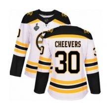 Women's Boston Bruins #30 Gerry Cheevers Authentic White Away 2019 Stanley Cup Final Bound Hockey Jersey