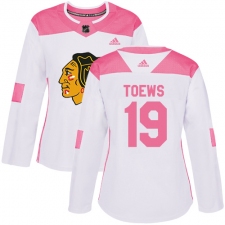 Women's Adidas Chicago Blackhawks #19 Jonathan Toews Authentic White/Pink Fashion NHL Jersey
