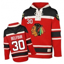 Men's Old Time Hockey Chicago Blackhawks #30 ED Belfour Authentic Red Sawyer Hooded Sweatshirt NHL Jersey
