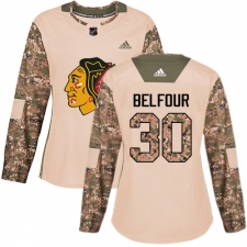 Women's Adidas Chicago Blackhawks #30 ED Belfour Authentic Camo Veterans Day Practice NHL Jersey