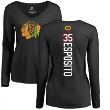 NHL Women's Adidas Chicago Blackhawks #35 Tony Esposito Black Backer Long Sleeve T-Shirt