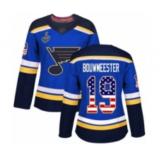 Women's St. Louis Blues #19 Jay Bouwmeester Authentic Blue USA Flag Fashion 2019 Stanley Cup Final Bound Hockey Jersey
