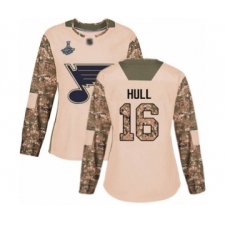 Women's St. Louis Blues #16 Brett Hull Authentic Camo Veterans Day Practice 2019 Stanley Cup Champions Hockey Jersey