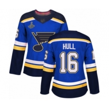 Women's St. Louis Blues #16 Brett Hull Authentic Royal Blue Home 2019 Stanley Cup Champions Hockey Jersey