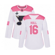 Women's St. Louis Blues #16 Brett Hull Authentic White Pink Fashion 2019 Stanley Cup Champions Hockey Jersey
