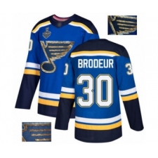 Men's St. Louis Blues #30 Martin Brodeur Authentic Royal Blue Fashion Gold 2019 Stanley Cup Final Bound Hockey Jersey