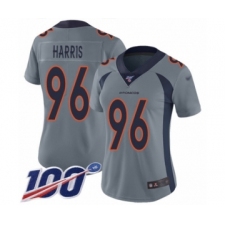 Women's Denver Broncos #96 Shelby Harris Limited Silver Inverted Legend 100th Season Football Jersey
