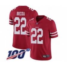 Men's San Francisco 49ers #22 Matt Breida Red Team Color Vapor Untouchable Limited Player 100th Season Football Jersey