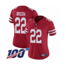 Women's San Francisco 49ers #22 Matt Breida Red Team Color Vapor Untouchable Limited Player 100th Season Football Jersey