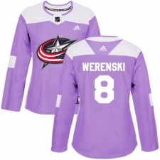 Women's Adidas Columbus Blue Jackets #8 Zach Werenski Authentic Purple Fights Cancer Practice NHL Jersey