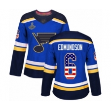 Women's St. Louis Blues #6 Joel Edmundson Authentic Blue USA Flag Fashion 2019 Stanley Cup Champions Hockey Jersey