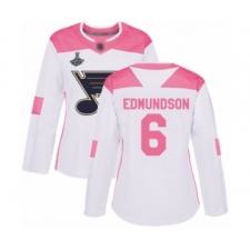 Women's St. Louis Blues #6 Joel Edmundson Authentic Whit Pink Fashion 2019 Stanley Cup Champions Hockey Jersey