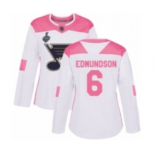 Women's St. Louis Blues #6 Joel Edmundson Authentic White Pink Fashion 2019 Stanley Cup Final Bound Hockey Jersey