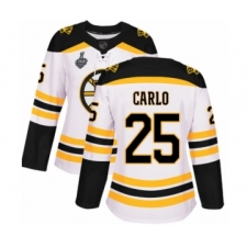 Women's Boston Bruins #25 Brandon Carlo Authentic White Away 2019 Stanley Cup Final Bound Hockey Jersey