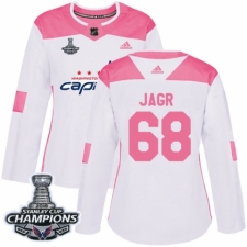 Women's Adidas Washington Capitals #68 Jaromir Jagr Authentic White Pink Fashion 2018 Stanley Cup Final Champions NHL Jersey