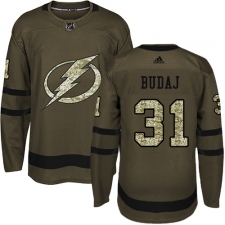 Men's Adidas Tampa Bay Lightning #31 Peter Budaj Authentic Green Salute to Service NHL Jersey