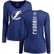 NHL Women's Adidas Tampa Bay Lightning #31 Peter Budaj Royal Blue Backer V-Neck Long-Sleeve T-Shirt