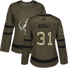 Women's Adidas Tampa Bay Lightning #31 Peter Budaj Authentic Green Salute to Service NHL Jersey