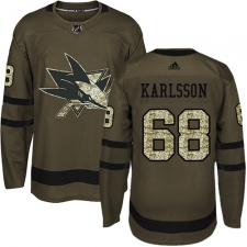 Youth Adidas San Jose Sharks #68 Melker Karlsson Authentic Green Salute to Service NHL Jersey