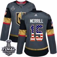 Women's Adidas Vegas Golden Knights #15 Jon Merrill Authentic Gray USA Flag Fashion 2018 Stanley Cup Final NHL Jersey