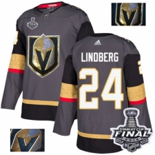 Men's Adidas Vegas Golden Knights #24 Oscar Lindberg Authentic Gray Fashion Gold 2018 Stanley Cup Final NHL Jersey