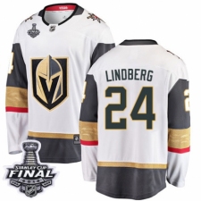 Youth Vegas Golden Knights #24 Oscar Lindberg Authentic White Away Fanatics Branded Breakaway 2018 Stanley Cup Final NHL Jersey