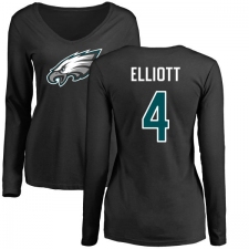 Women's Nike Philadelphia Eagles #4 Jake Elliott Black Name & Number Logo Slim Fit Long Sleeve T-Shirt.