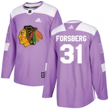 Men's Adidas Chicago Blackhawks #31 Anton Forsberg Authentic Purple Fights Cancer Practice NHL Jersey