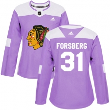 Women's Adidas Chicago Blackhawks #31 Anton Forsberg Authentic Purple Fights Cancer Practice NHL Jersey