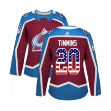 Women's Colorado Avalanche #20 Conor Timmins Authentic Burgundy Red USA Flag Fashion Hockey Jersey