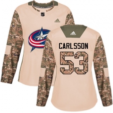 Women's Adidas Columbus Blue Jackets #53 Gabriel Carlsson Authentic Camo Veterans Day Practice NHL Jersey